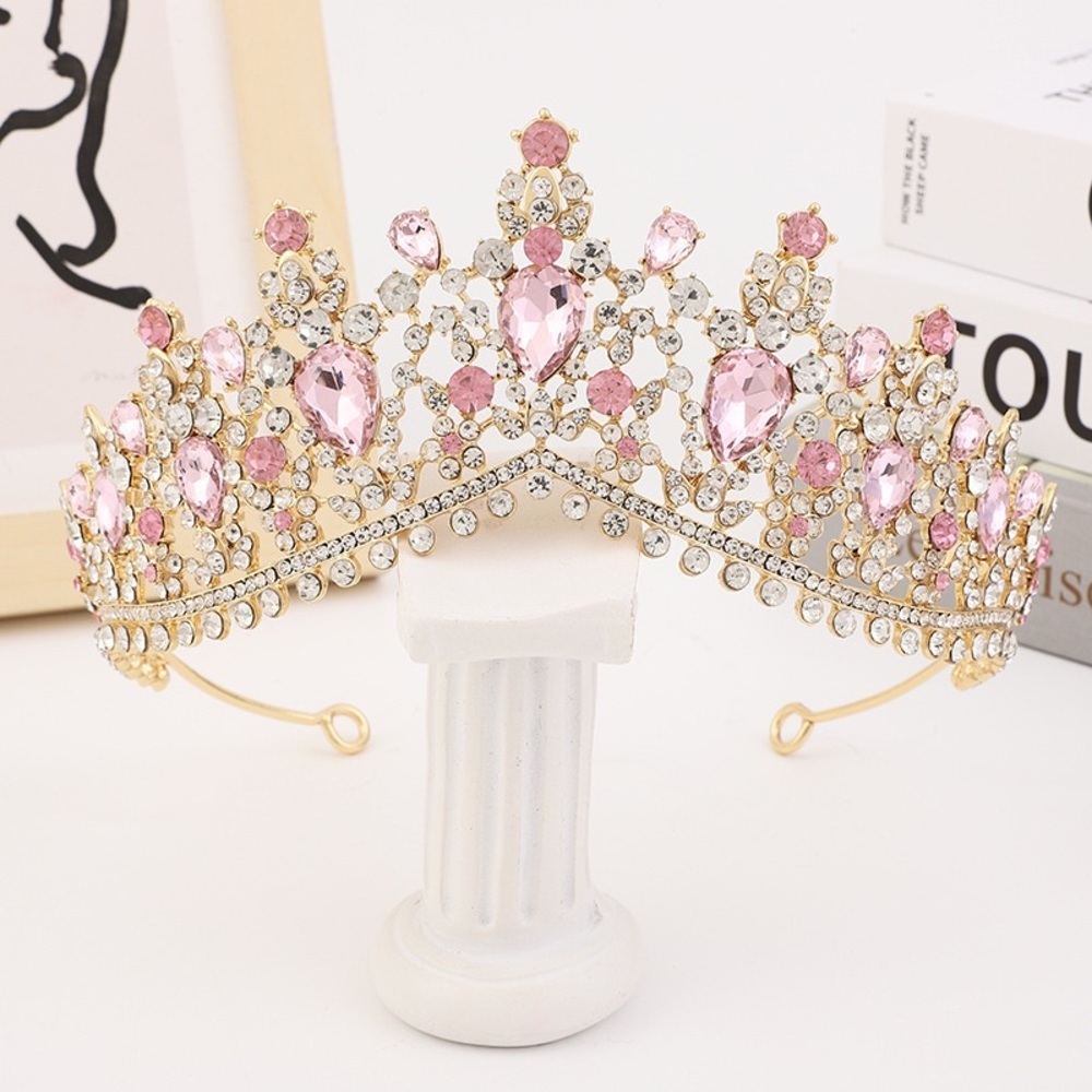 Pink Tiara, Gold Crown Headband, Pink Crystal Rhinestone Hair Jewelry, Pink Gift
